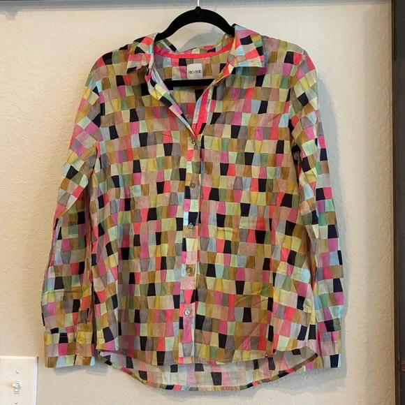 NIC+ZOE Colorful Patchwork Design Button Down Long Sleeve Cotton Blouse Small - Picture 1 of 5